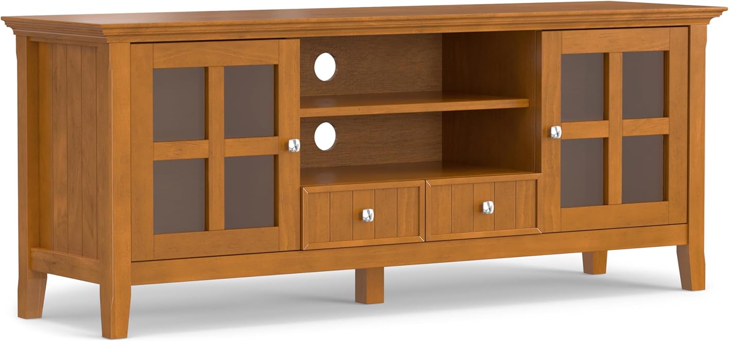SIMPLIHOME Acadian TV Stand - 60 inch Wide Solid Wood Media Console in Light Golden Brown, Transitional Entertainment Center for Living Room for TVs up to 65 Inches with Glass Cabinets and Shelves