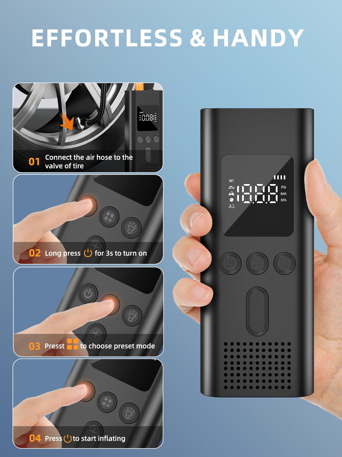 AIRSURE Tire Inflator Portable Air Compressor 150 PSI Fast Inflation Cordless Air Pump with LED Light Auto Shut-Off — view 8