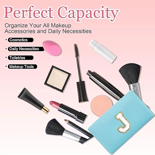 Miniatura 5 de Pequeña bolsa de maquillaje personalizada, bonita bolsa de maquillaje de piel sintética con letras de chenilla, bolsa de cosméticos de viaje, bolsa