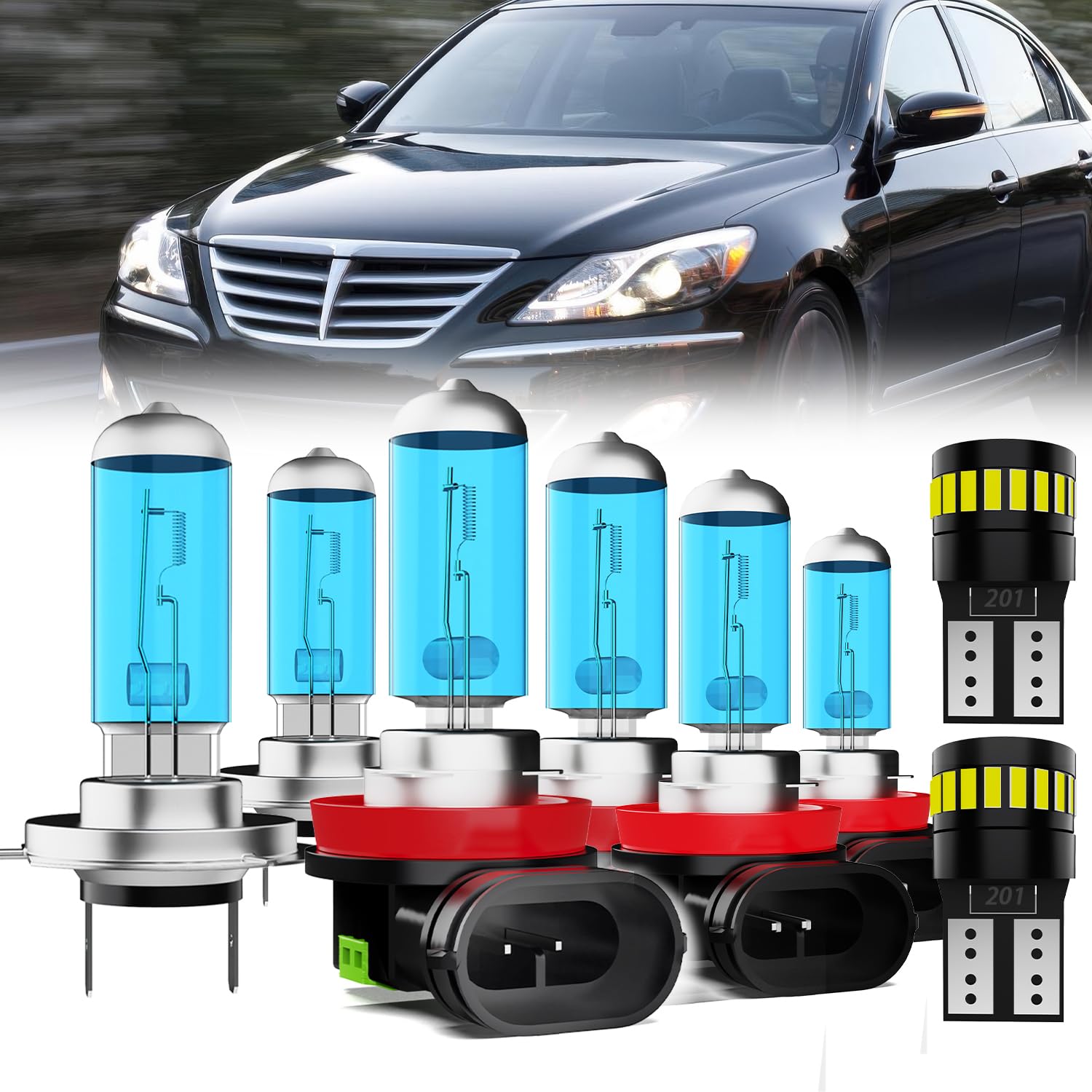Headlight Bulbs License Plate Lights Fit For Hyundai Genesis 2009-2014, H7 High Beam + H11 Low Beam + H11 Fog Lights Halogen Light Bulb + License Plate Lights, Pack of 8