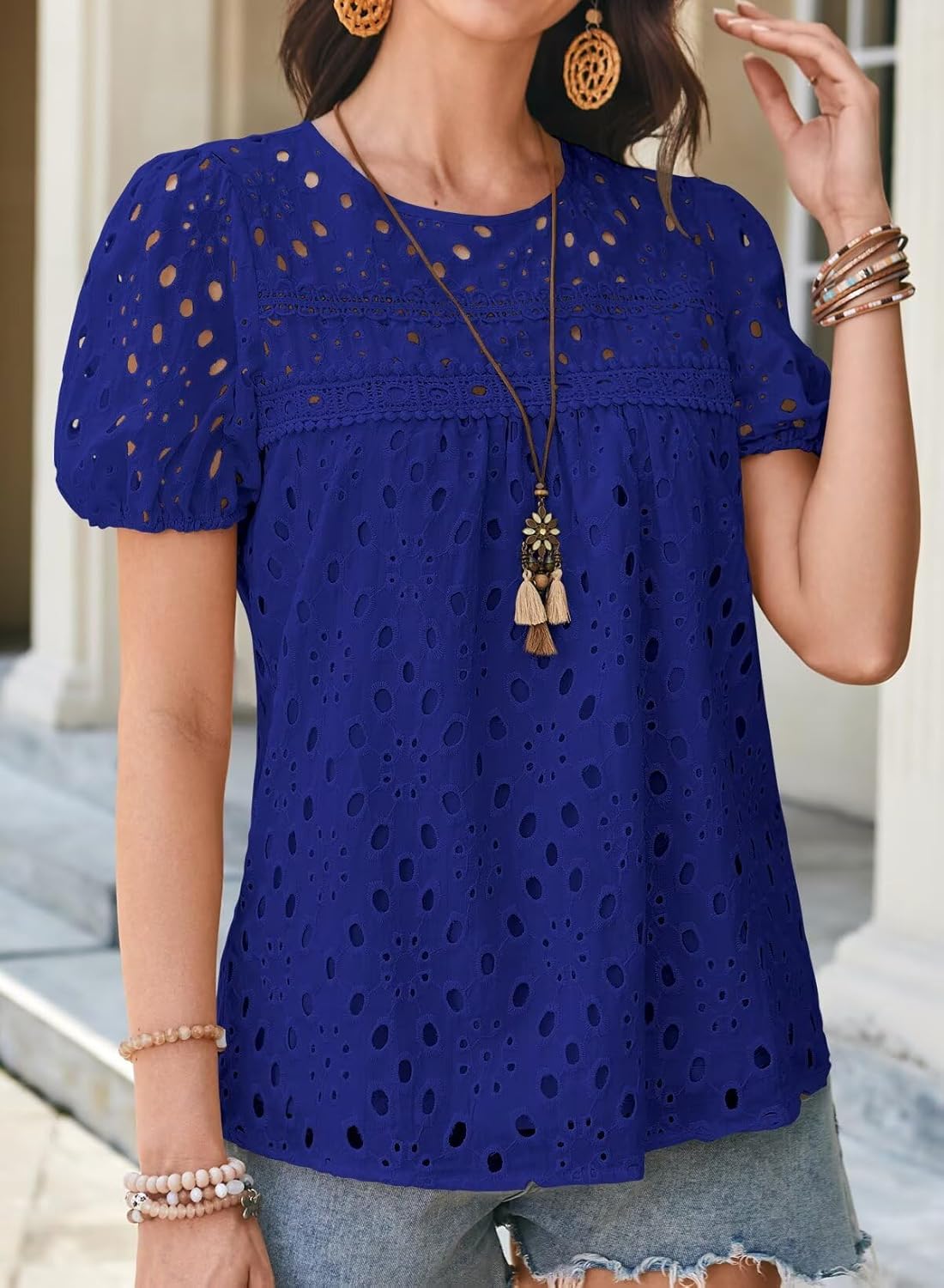 Womens Summer Tops Crewneck Short Sleeve Shirts Casual Babydoll Chiffon Blouses Eyelet Flowy Lace Hem Boho Clothing - Image 5