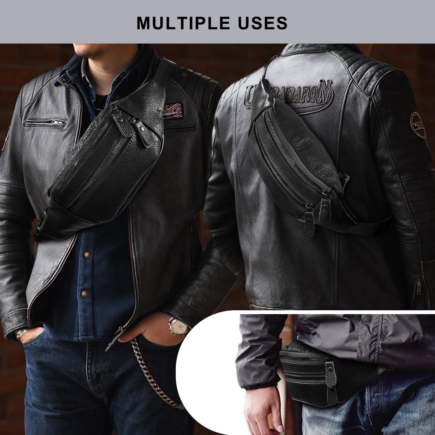 Leather Fanny Pack for Men Women,Crossbody Waist Bag Pack,Belt Bag,Hip Bum bag for Travel Walking Running Hiking Cycling (black) - Image 5