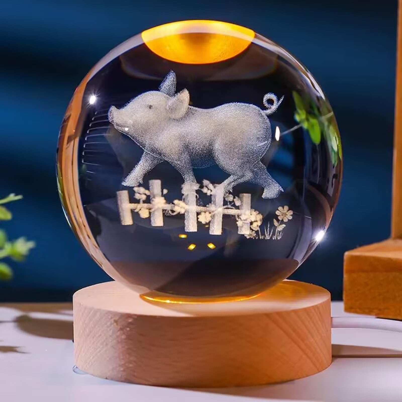 WXMYOZR Chinese Zodiac 80mm 3D Crystal Ball with Wooden Lighting Base Feng Shui Glass Sphere Chinese New Year Gift,Pig