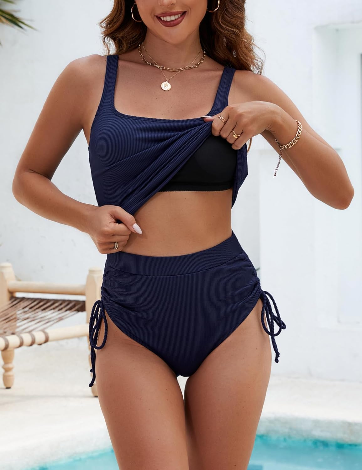BMJL Womens Two Piece Tankini Ribbed Tummy Control Swimsuits Ruched Full Coverage Bathing Suits Swim Suit 2025(XL,Navy) - Image 3
