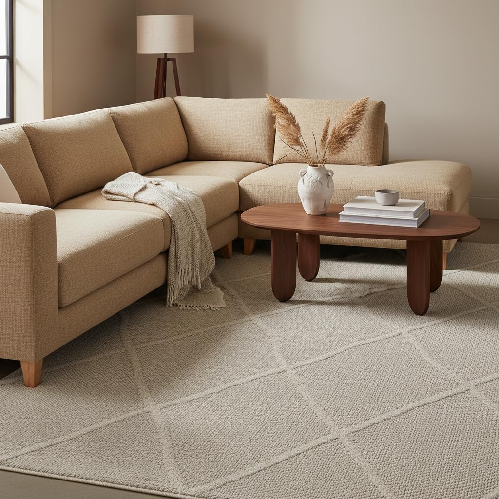 Tapis à Poils Courts Motif Géométrique Plat Pratique Lavable Beige 160x230 cm Couloir Entrée Antidérapant | Cortina