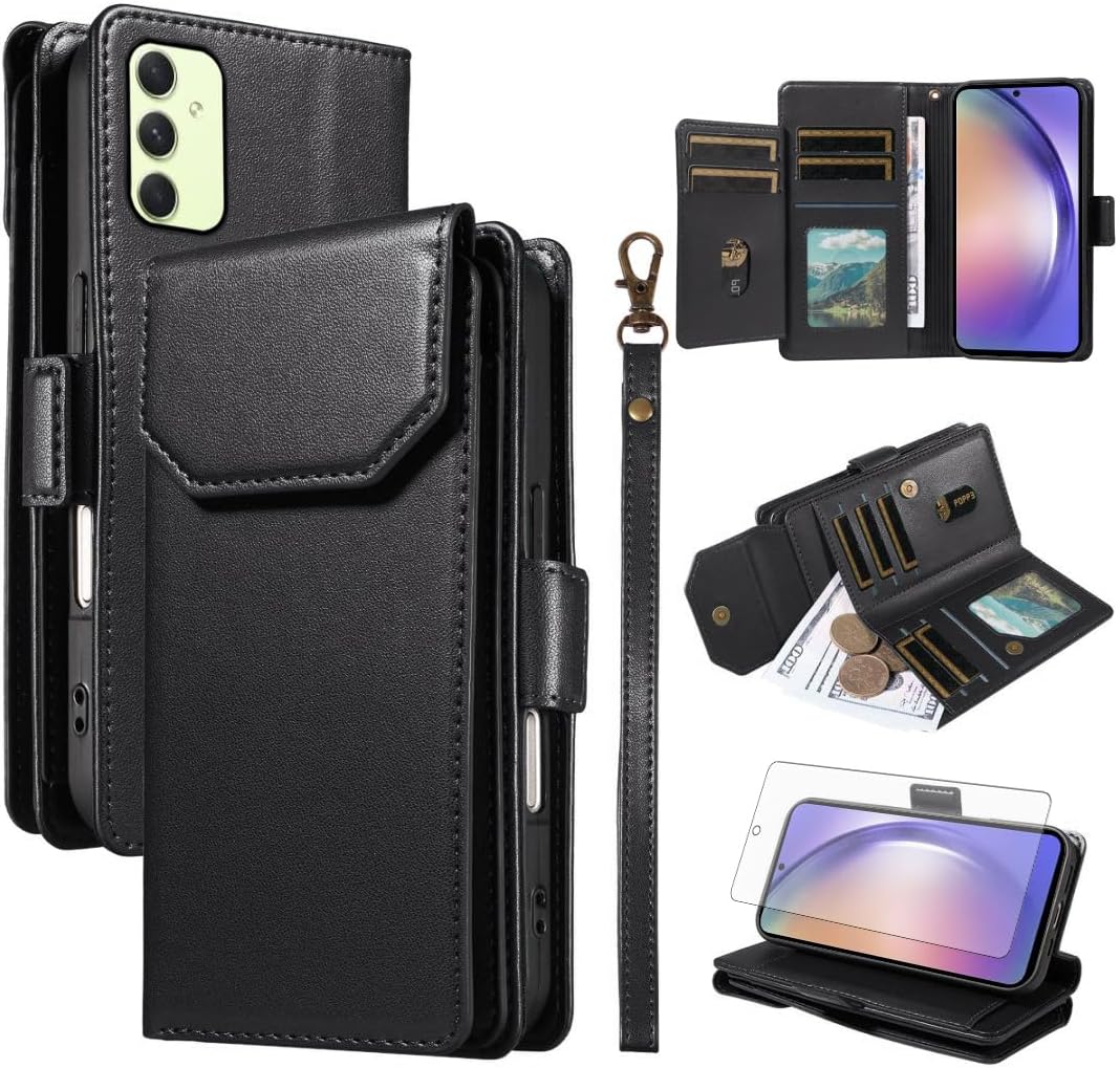 Asuwish Phone Case for Samsung Galaxy A54 5G Cell Wallet Cover with Tempered Glass Screen Protector Flip Credit Card Holder Slot Stand A545G A 54 54A 4G G5 SM A546U Women Men Black