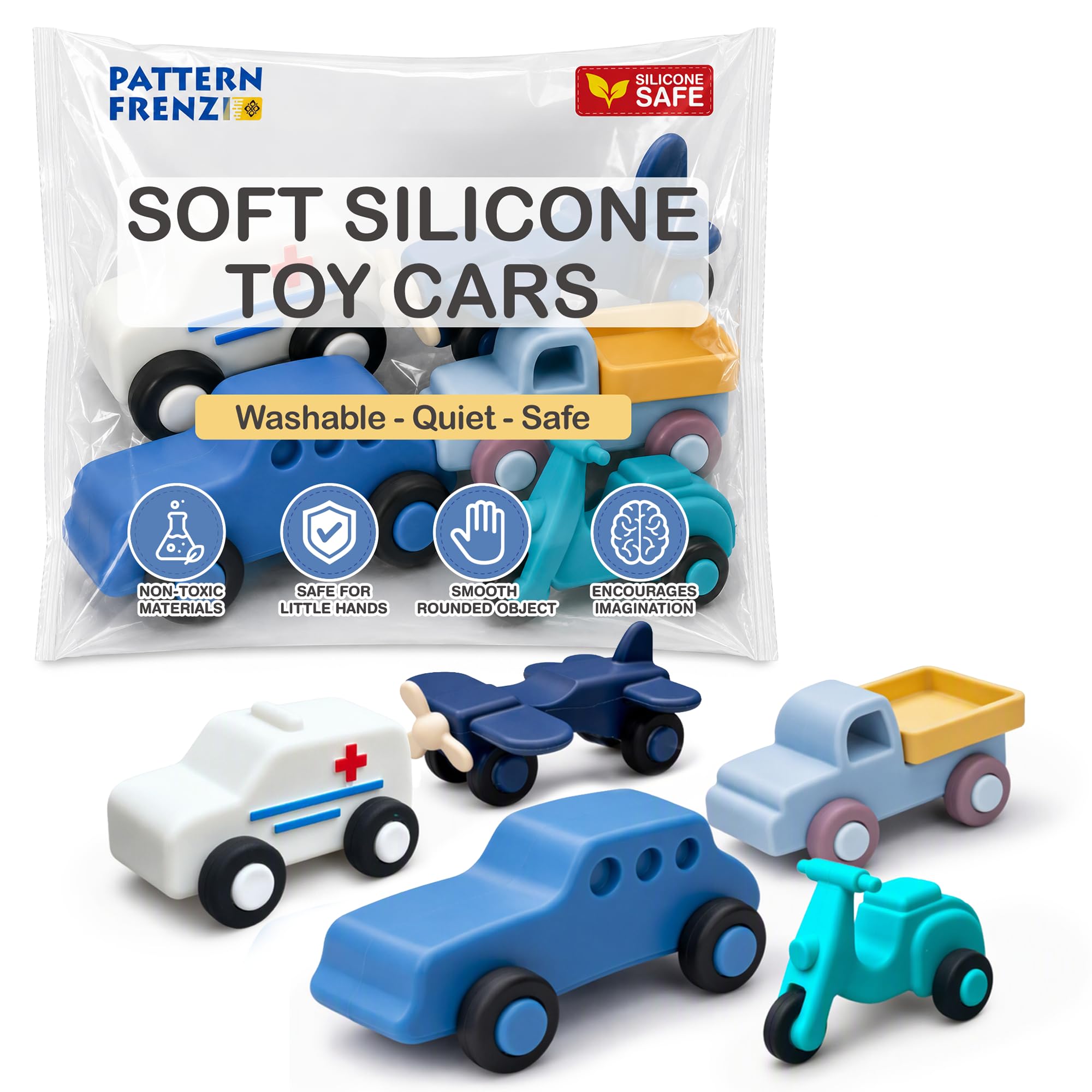 Pattern Frenzi Soft Non-Toxic Silicone Toy Cars for Kids Ages 3+ - 5 Pack
