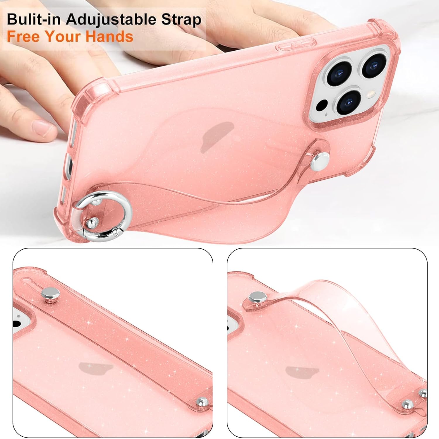 for iPhone 15 Pro Case Clear Glitter with Strap, Soft Silicone Back Cover, Adjustable Hand Strap for Women Girls Sparkle Bling TPU Protective Phone Case for iPhone 15 Pro 6.1", Pink - Image 6