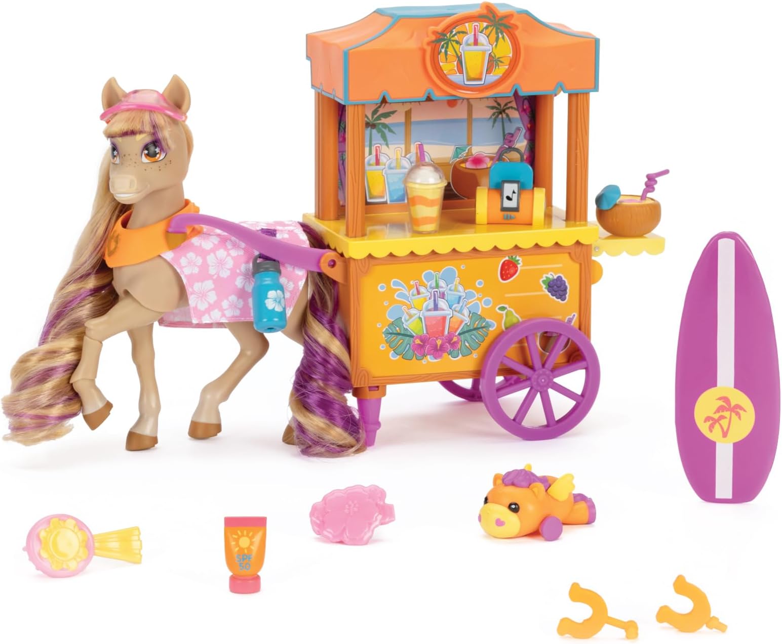 Wild Manes Horse Toys Bailey’s Surf & Snacks Cart Playset with Bailey Horse Doll Figure, Includes Brush and Play Accessories