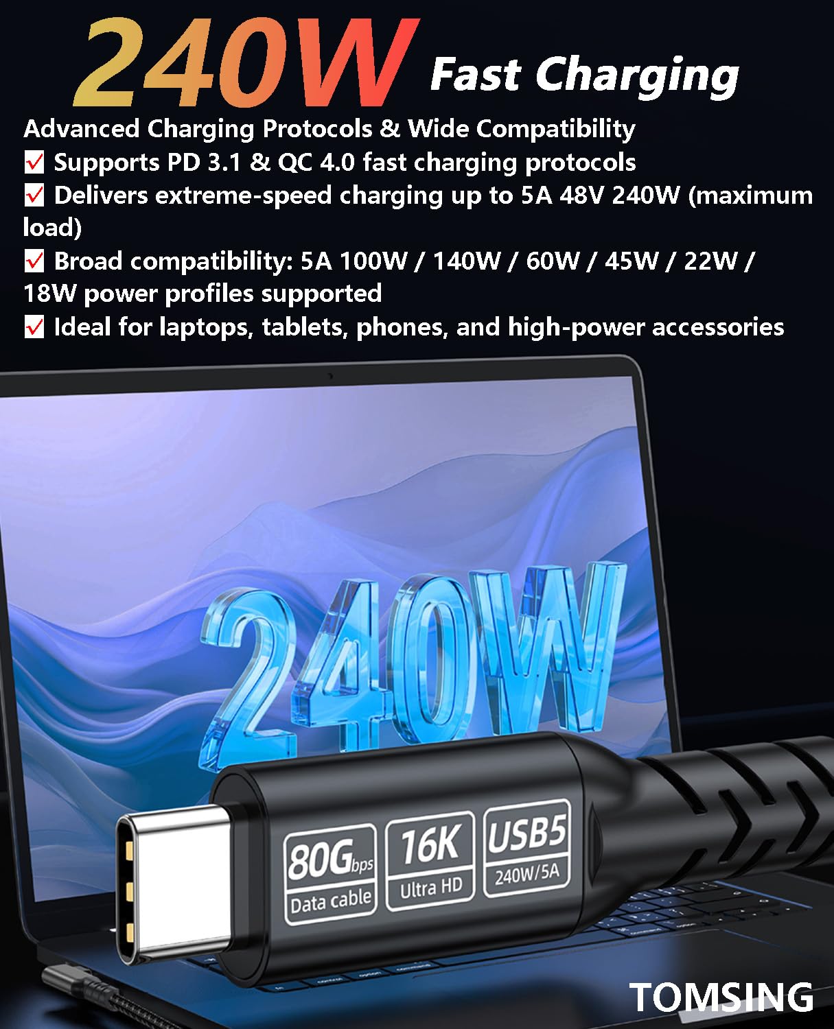 Cable de carga rápida USB C a USB C de 240 W en ángulo recto [1,5 m], USB 3.2 de 80 Gbps de alta velocidad, video HD de 16 K, trenzado de nailon, cable tipo C macho a macho para portátiles