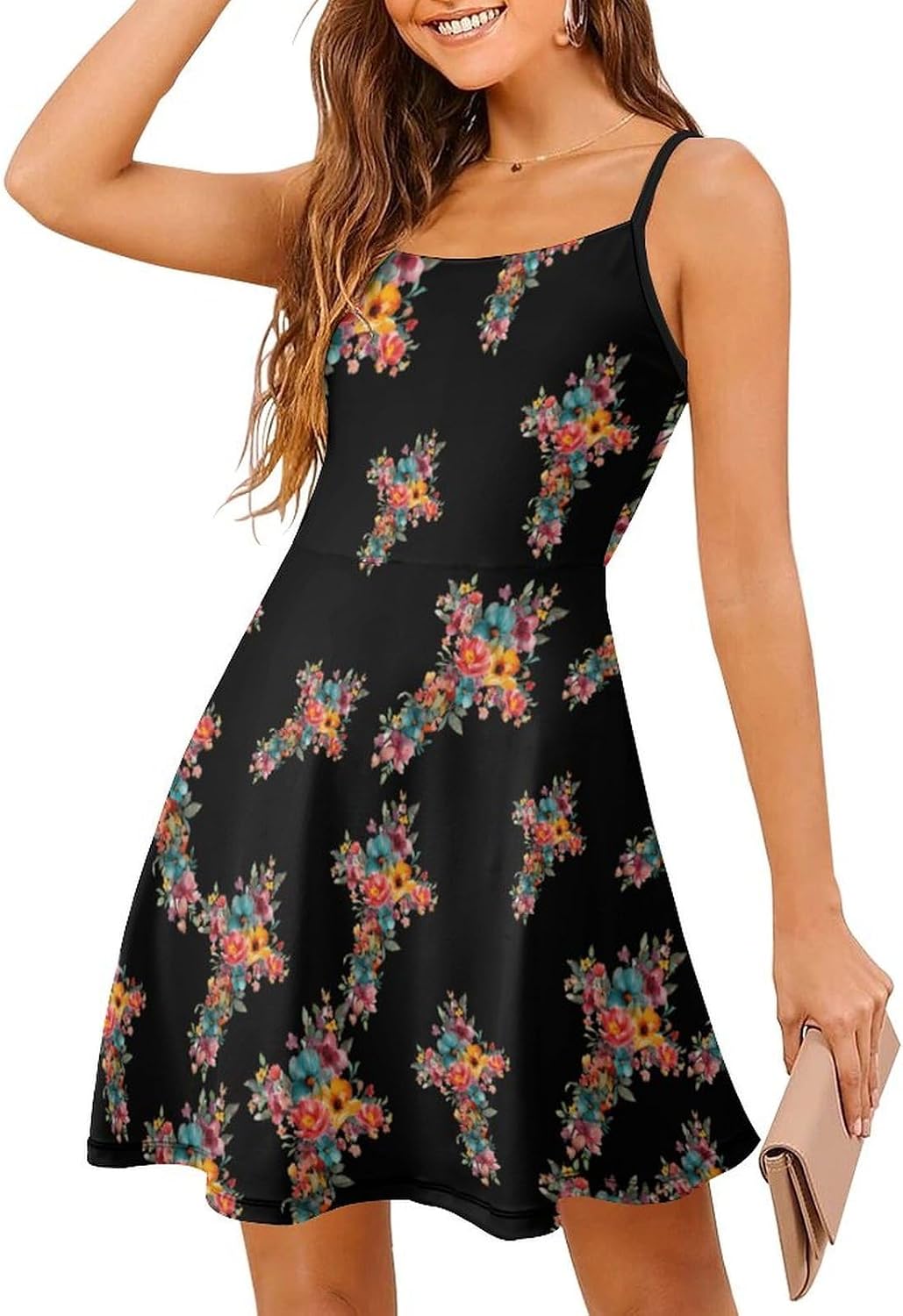 Floral C-Ross Short Cami Dress for Women Adjustable Spaghetti Strap Flowy Sundress Beach Vacation
