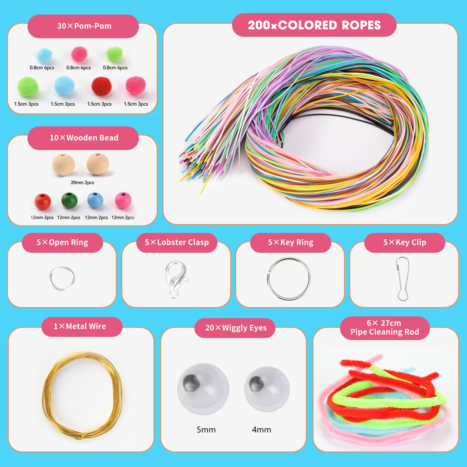 VINATO Kit Fili per Intreccio 220 Pezzi - 200 Fili Elastici per Braccialetti in 20 Colori con Portachiavi e Ganci