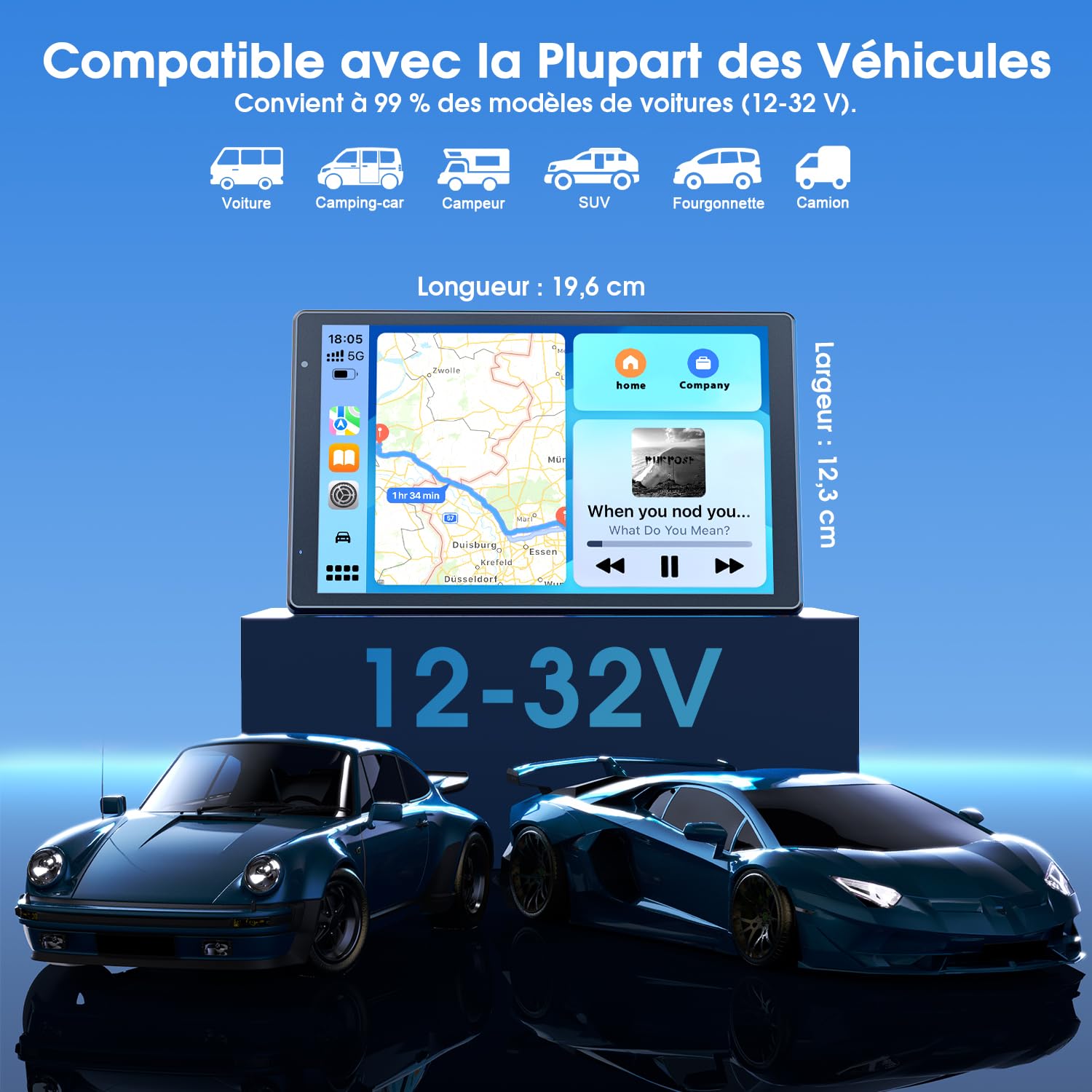 Avylet Écran CarPlay Voiture 8" Portable CarPlay & Android Auto sans Fil, | Écran Tactile IPS HD, Mirror Link et Mise à Jour OTA, Caméra de recul AHD 1080P, Bluetooth, Navigation GPS, Commande Vocale