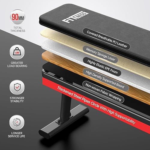 Miniatura 2 de PASYOU Banco de peso plano para gimnasio en casa, capacidad de peso de 1450 libras, banco de entrenamiento de fácil montaje con tapas ajustables