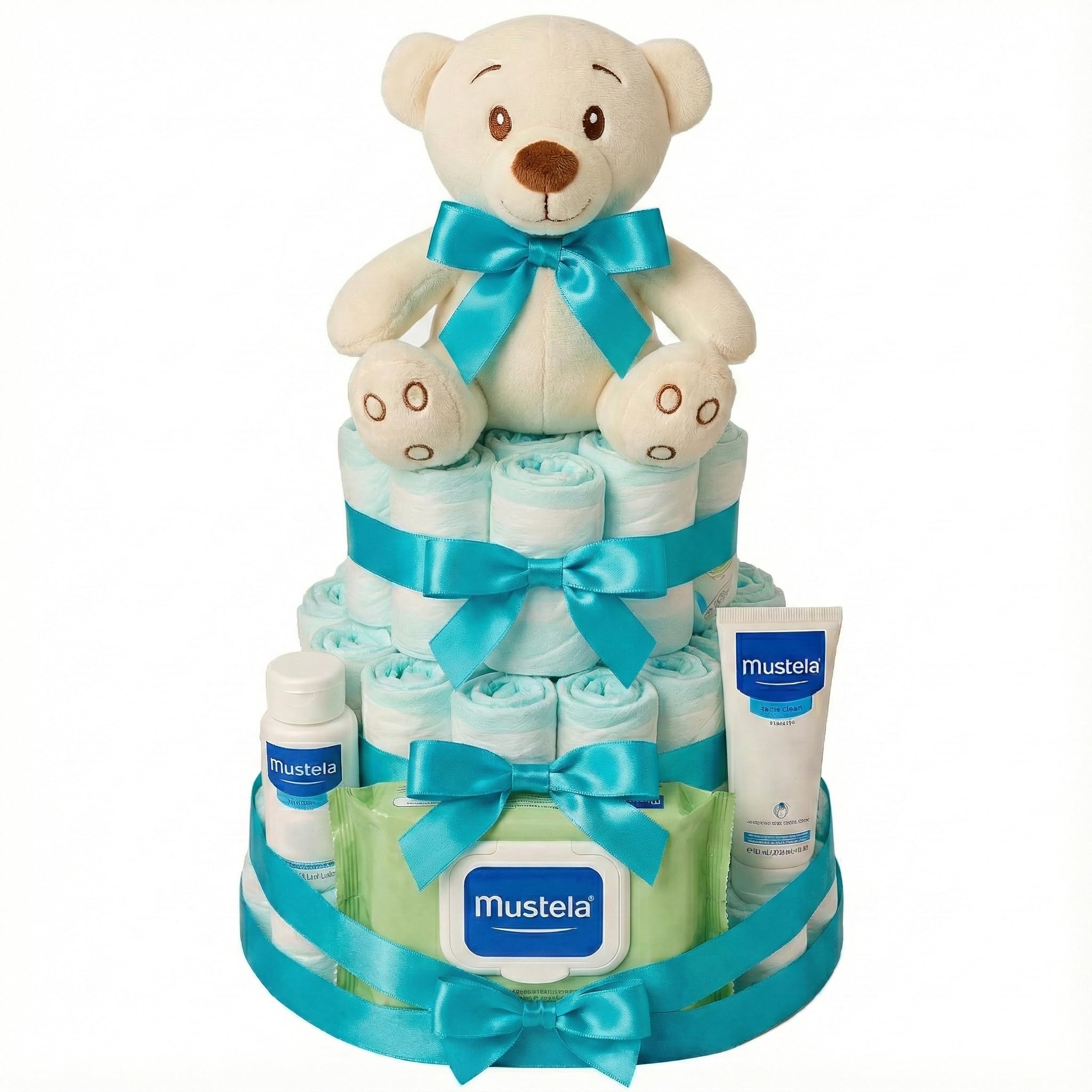 Windeltorte Junge Mädchen Baby Geschenk Set Neugeborene Windelgeschenk Pflegeartikel Baby Shower Torte Geburt Präsente Teddybär Babyparty Babykorb Premium Geschenkidee Säuglingspflege