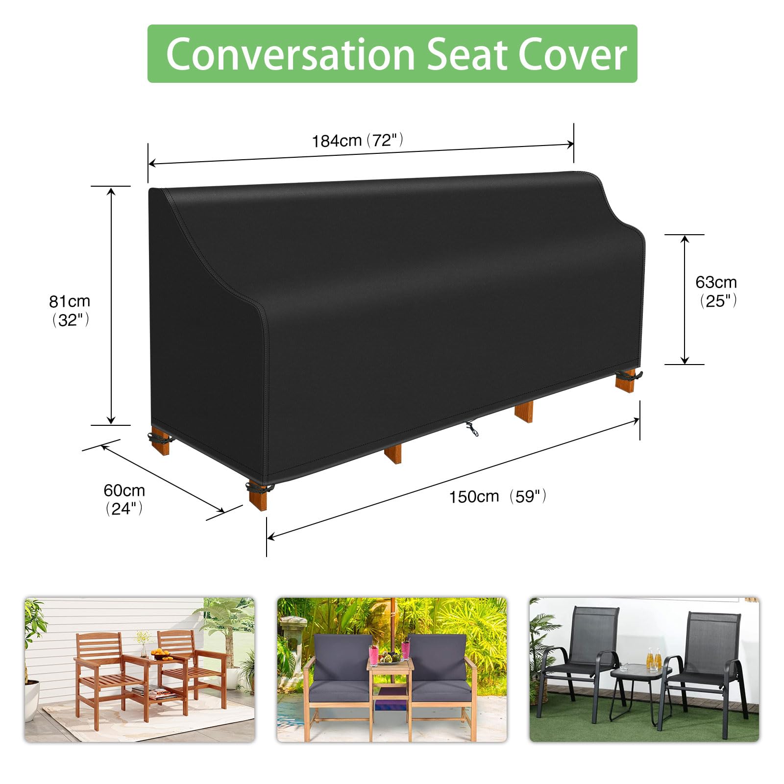 PATIO PLUS Outdoor Conversation Seat Cover, Waterpoof Windproof Heavy Duty 420D Oxford Fabric, Suitable for Conversation Rattan Chair Sets L150/184cm*W60cm*H63/81cm Black - Image 2
