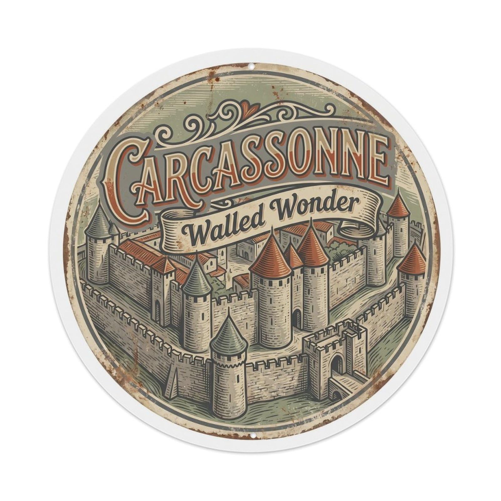 Vintage Travel Carcassonne Ramparts Europe Metal Tin Sign Plaque Wall Decor for Cafe, Club Bar, Office, Home Garden Round Metal Poster 8x8Inch