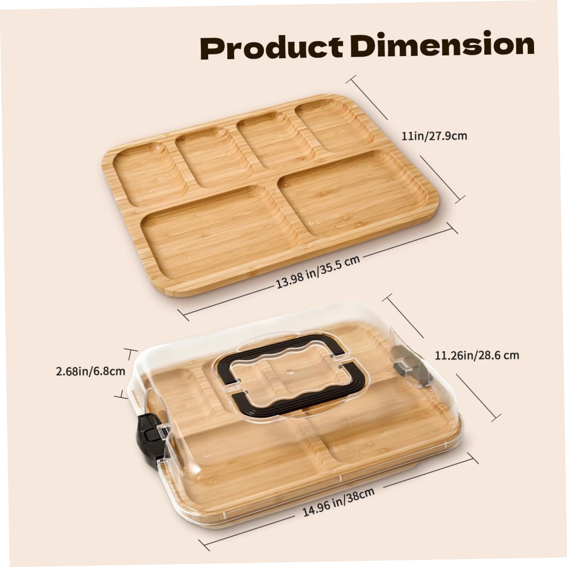 Planche à charcuterie avec couvercle transparent, plateau de service en bambou avec poignées, planches à charcuterie six compartiments pour collations, cuisine, présentation des aliments, fête