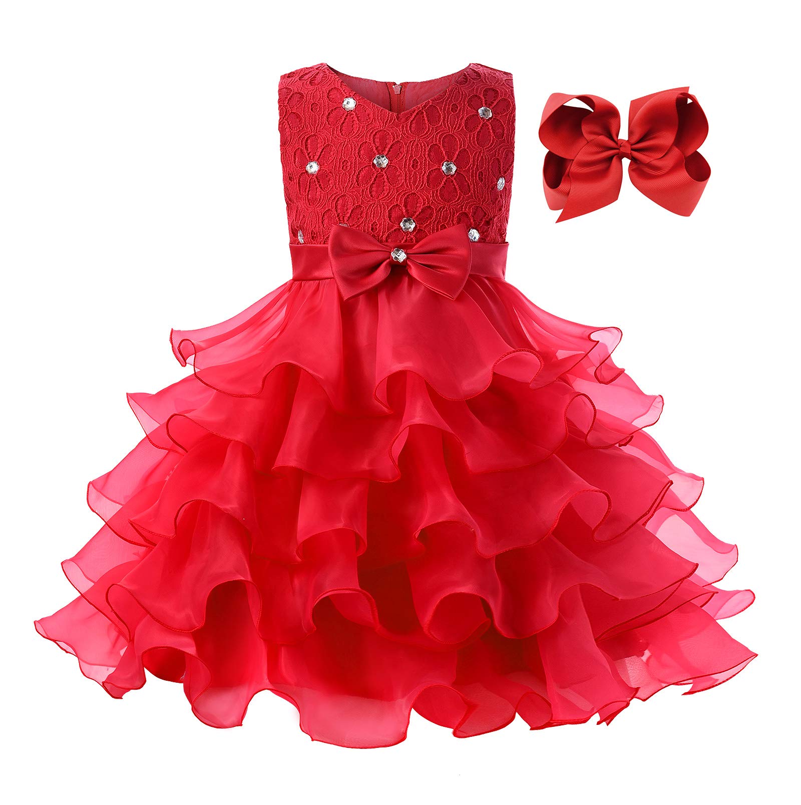 JerrisApparel Flower Girls Party Dress | Ruffle Tutu Sleeveless Princess Ball Gown With Hair Bow | Sizes 3T-8T - View #7