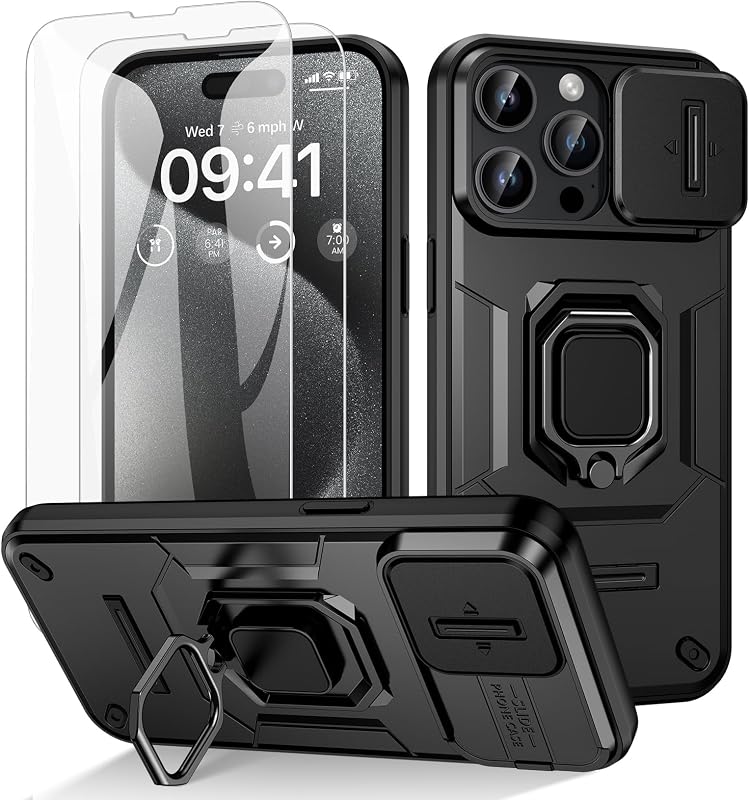 Doeshine iPhone 15 Pro Max Tok, 360° Gyűrűs Állvánnyal, Kamera Védőfedéllel, Katonai Ütésálló Védelem, 2db Képernyővédő Fóliával, Fekete