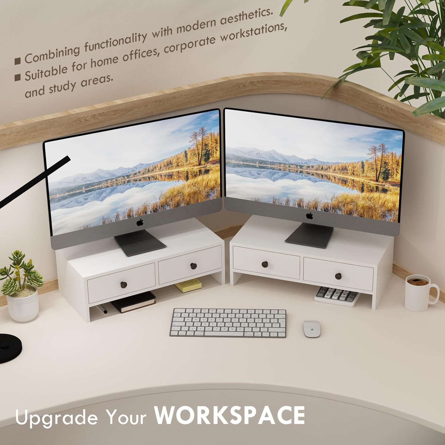 WELLAND Monitor Stand Riser with Drawers, Computer Monitor Stand, Desktop Organizer Stand for Laptop, PC, Office Supplies, White