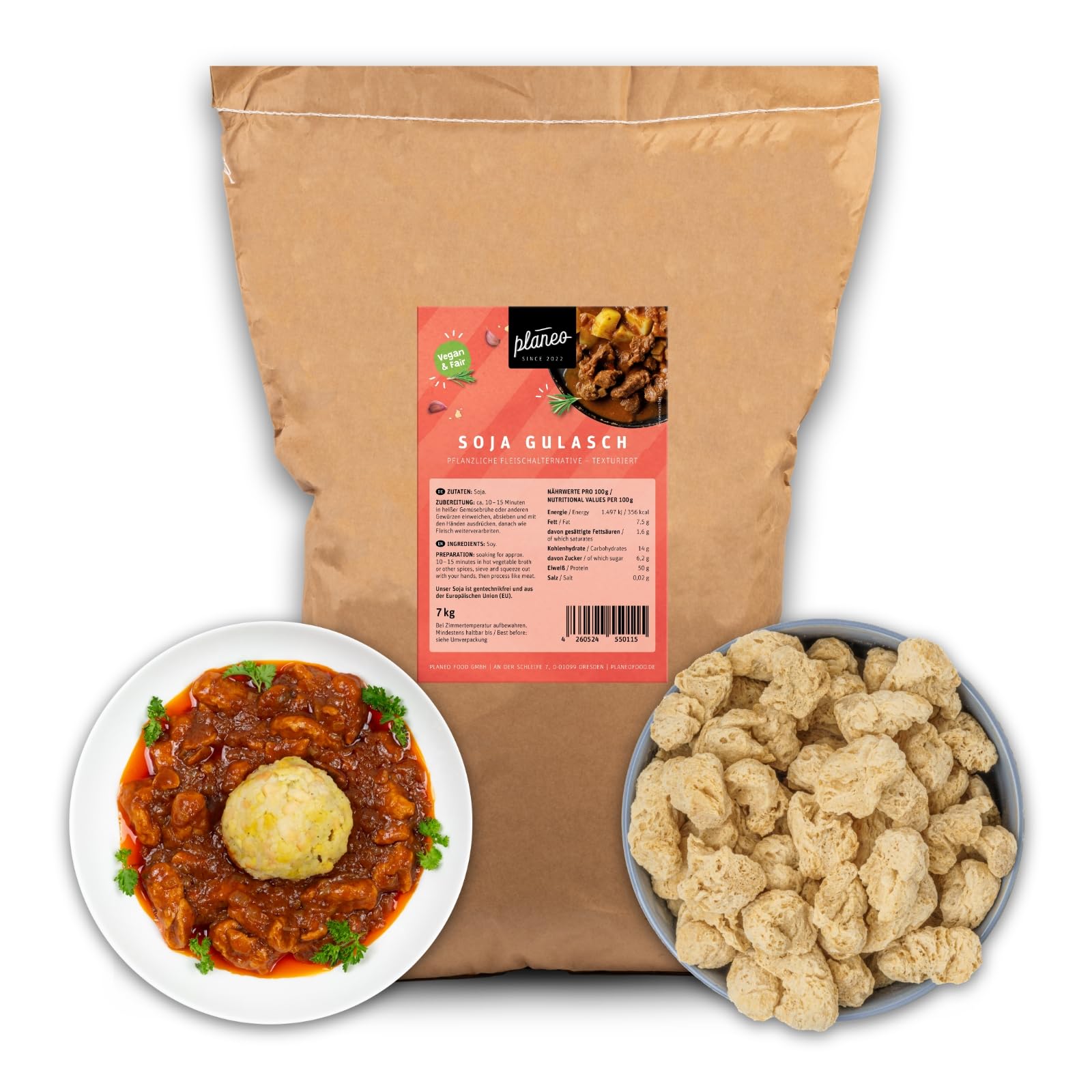 Planeo Soja Gulasch 7kg - Soja aus Österreich - Gentechnikfrei - Perfekt für Gulasch und Herzhaftes - Perfekt für Gastro