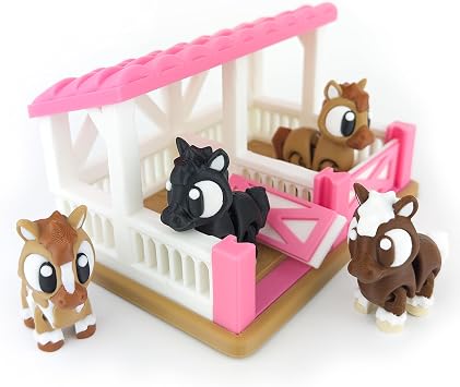 Handcrafted Horse Pony Play Set, Decorative Animal Stable Diorama with Colorful Horses, Display Case for Kids