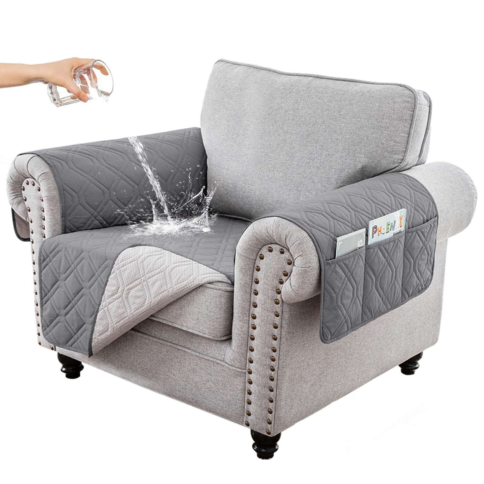 100% Wasserdicht Sofa überzug 1 Sitzer, rutschfest Sofabezug mit Tasche für Kinder, Haustiere, Hunde, Waschbare Sesselbezug,Grau,1 Seater