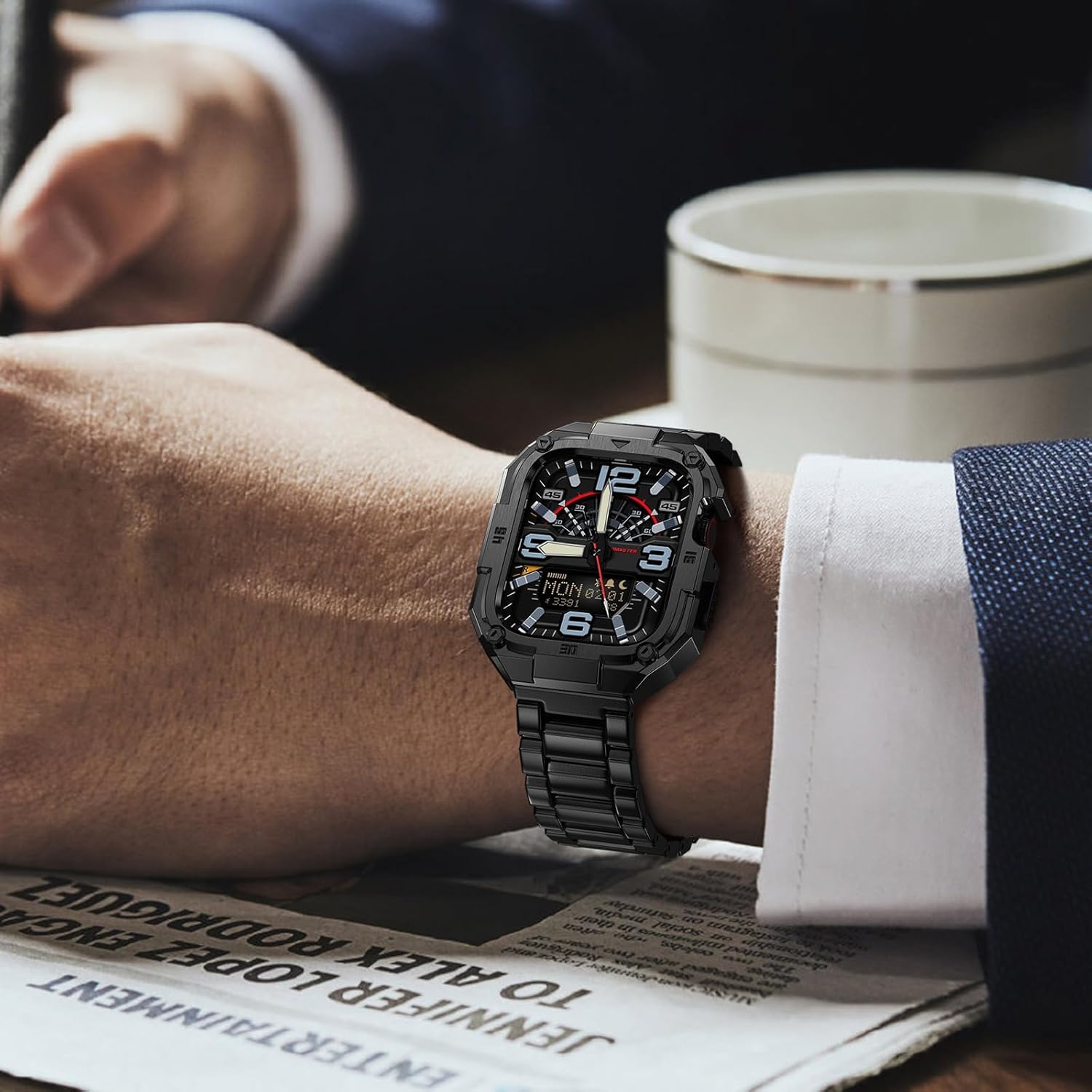 ELECTIM Stainless Steel Band with Case Compatible with Apple Watch 49mm（Ultra 2/1） 46mm 45mm 41mm, Rugged Metal Strap with Protective Bumper Cover for iWatch Series 10（46mm）9 8 7 For Men (PureBlack, 45mm(Series 7/8/9))