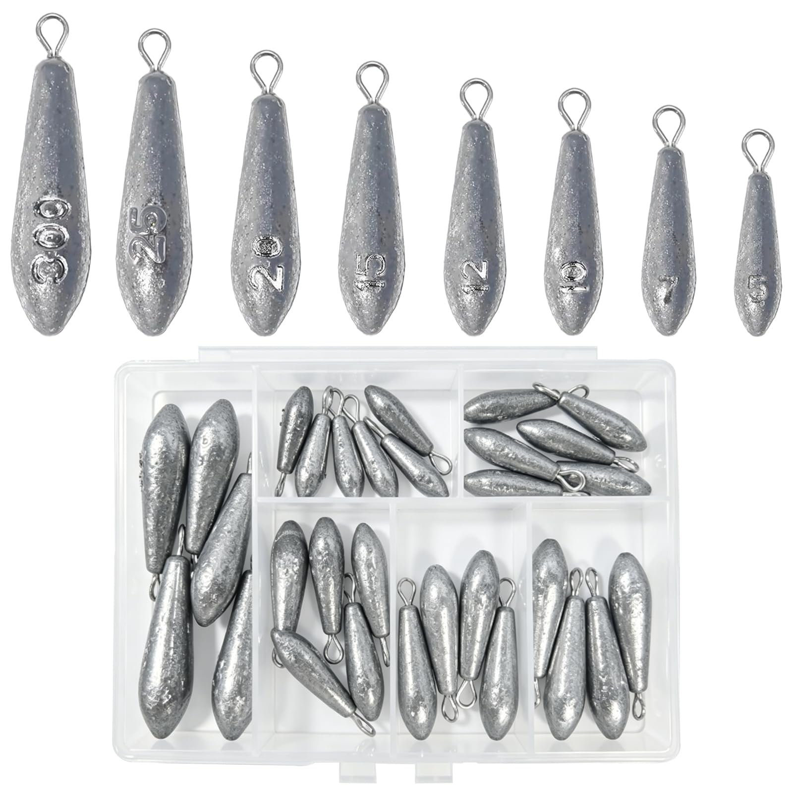 30 Pcs Sea Fishing Tackle Set, Teardrop Weights Fishing Mixed 8 Small Sizes Fishing Sinkers Weights with Box for River Saltwater Floating Sea Fishing(5g 7g 10g 12g 15g 20g 25g 30g)