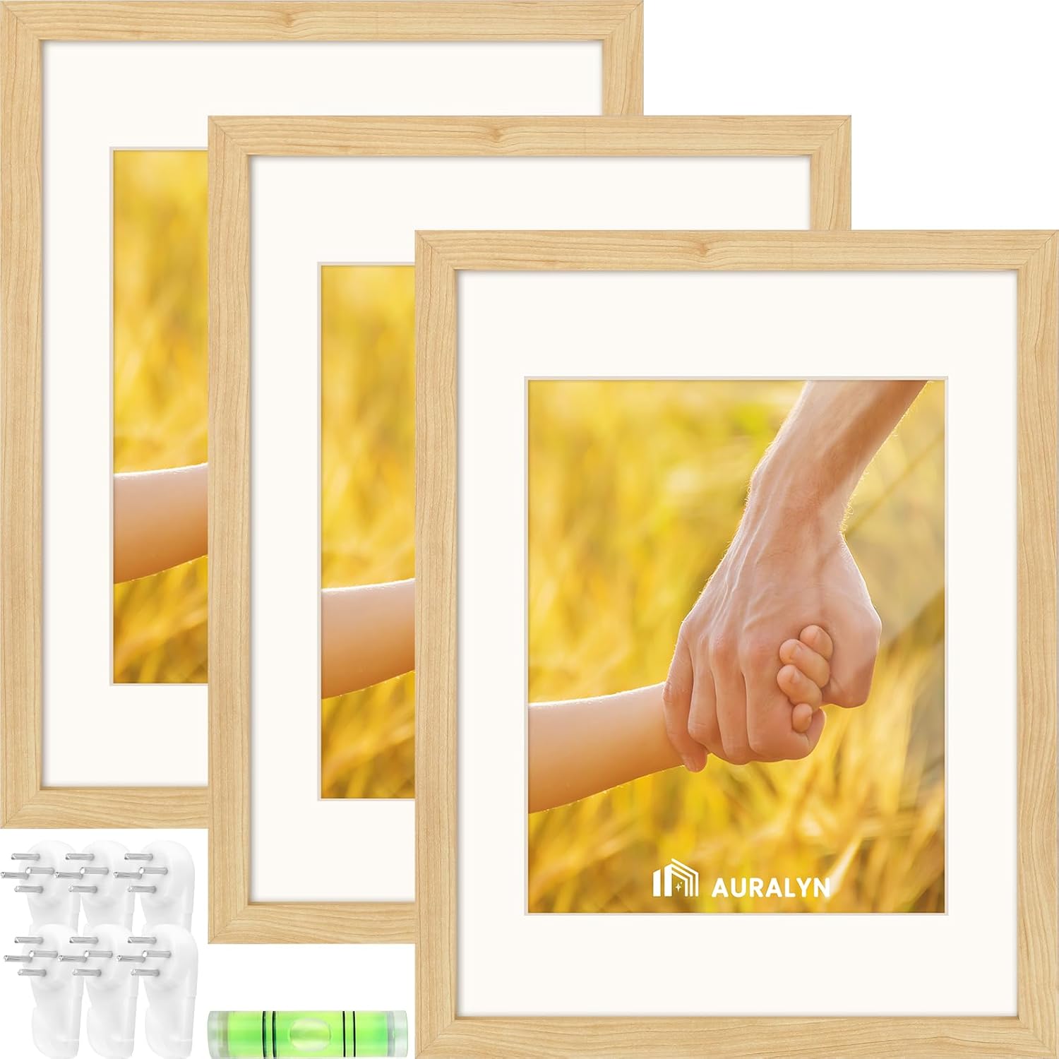 AURALYN Wall Frames 16x20 Picture Frame Set of 3 – Fits 12x16 with Mat – Wood Grain, Finger-Friendly, Includes Hanging Kit (White Frames, 3 Pack)