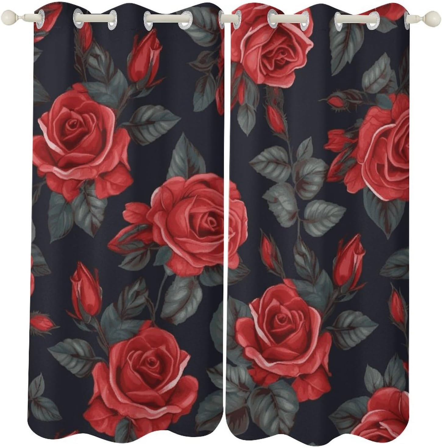 Beautiful Red Rose Flowers Printed Perforated Curtains, Insulated Curtains for Winter, Thermal Drapes are Suitable for Most Windows, Balconies