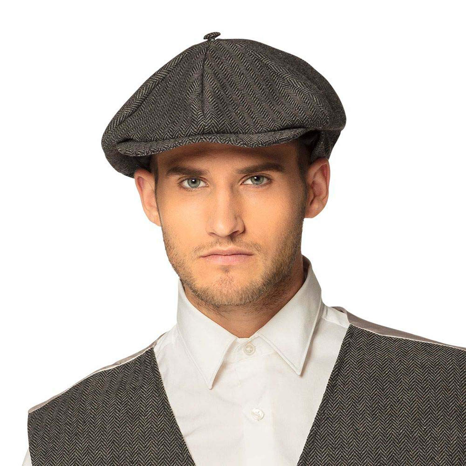 Boland Birmingham Flat Cap - Grey Herringbone Peaked Hat for 1920s Costume, Vintage Gangster Outfit, Carnival & Theme Party Accessory - Image 2