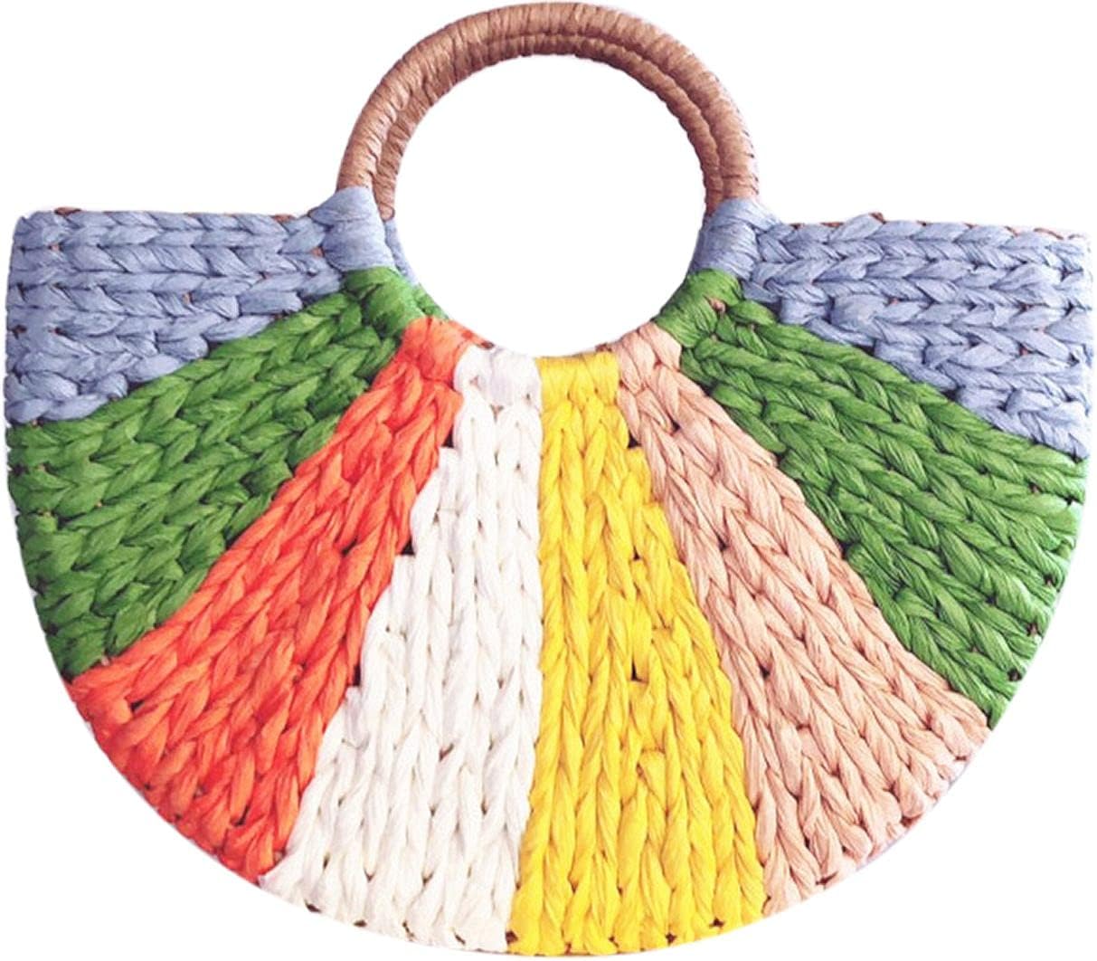 QZUnique Straw Rainbow Handbags Women’s Cotton Crochet Hand-Woven Tote Bag Top Handle Casual Shoulder Messenger Portable Bag