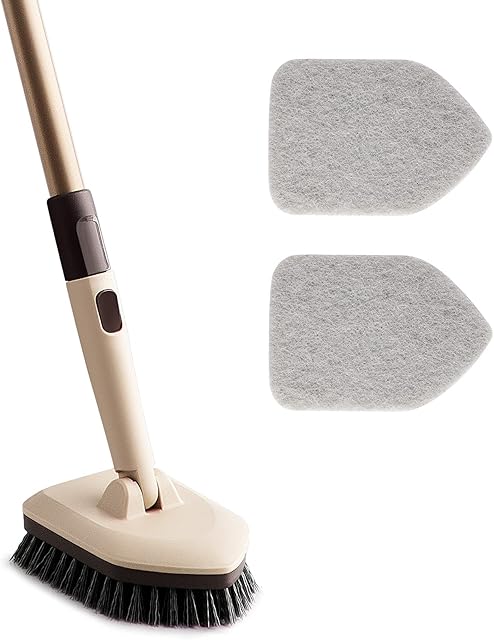 Eyliden Tub Scrubber with Long Handle, and Tile Brush - 2 Scouring Pads, 1 Head No Scratch Brushes for Bathroom Kitchen Toilet Wall Sink Cleaning, Brown, (fsz037)