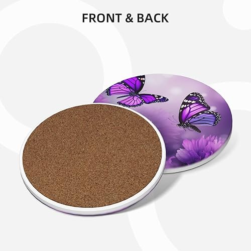 Miniatura 2 de Juego de 4 posavasos con estampado de mariposas de flores moradas para bebidas, juego de 4 posavasos absorbentes de cerámica con respaldo de corcho