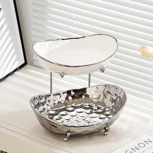 Miniatura 6 de Frutero para encimera de cocina, cuencos de cerámica de 2 niveles con soporte de metal, cesta de frutas escalonada para almacenamiento de frutas y