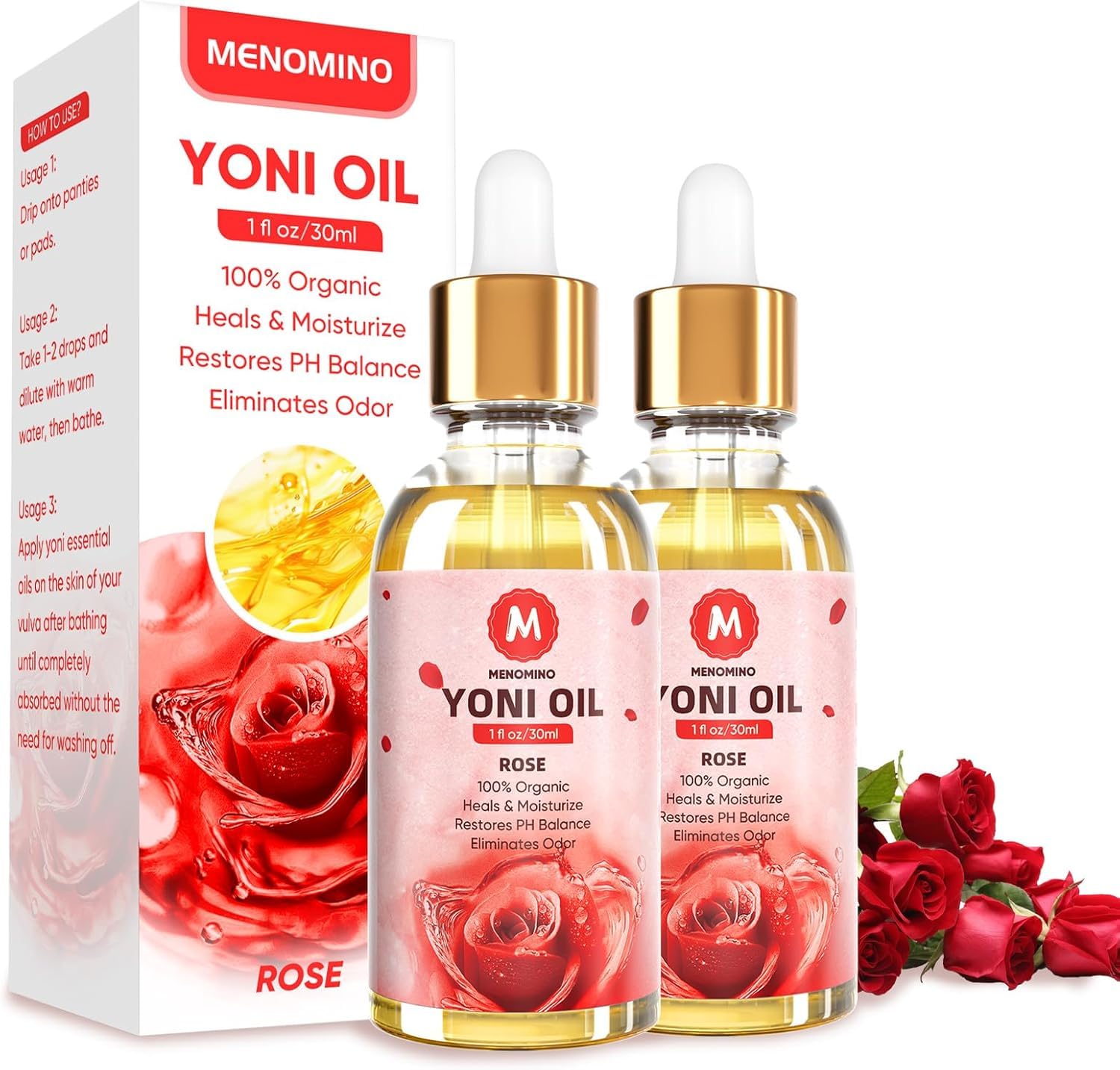 2 Pack Yoni Oil for Women - Organic Rose Feminine Oil, Feminine Deodorant - pH Balance - Eliminates Odor - Yoni Moisturizer, 100% Natural Yoni Essential Oil, 1 fl oz/pc (Rose)