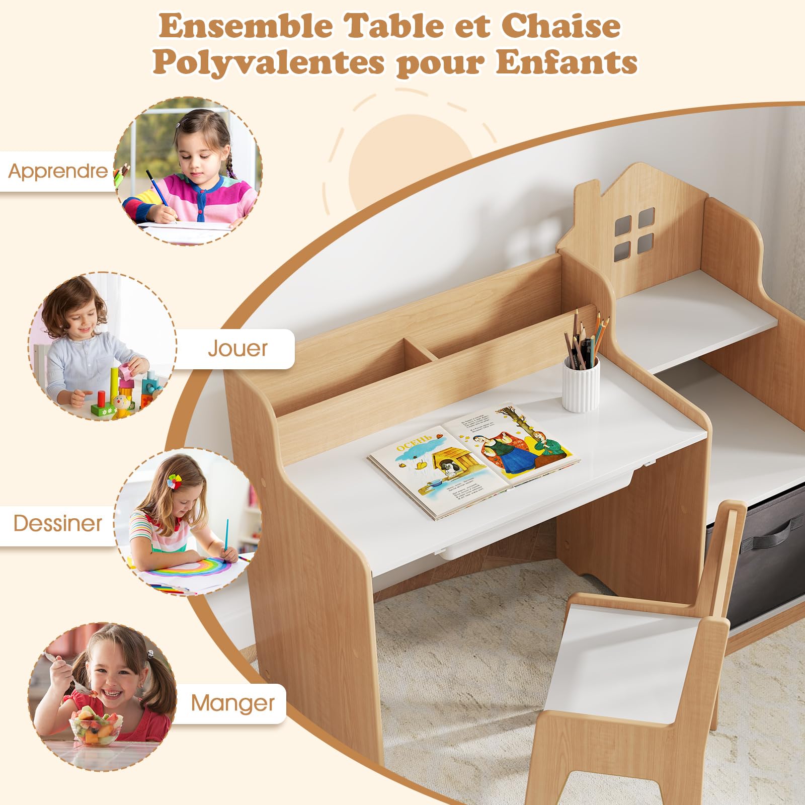 GOPLUS Bureau Enfant Fille Garçon en Forme de Maison, Table Enfant avec Chaise Ergonomique, Bureau d'Étude avec Rangement, Étagère et Tiroirs, pour Chambre et Maternelle (Naturel)