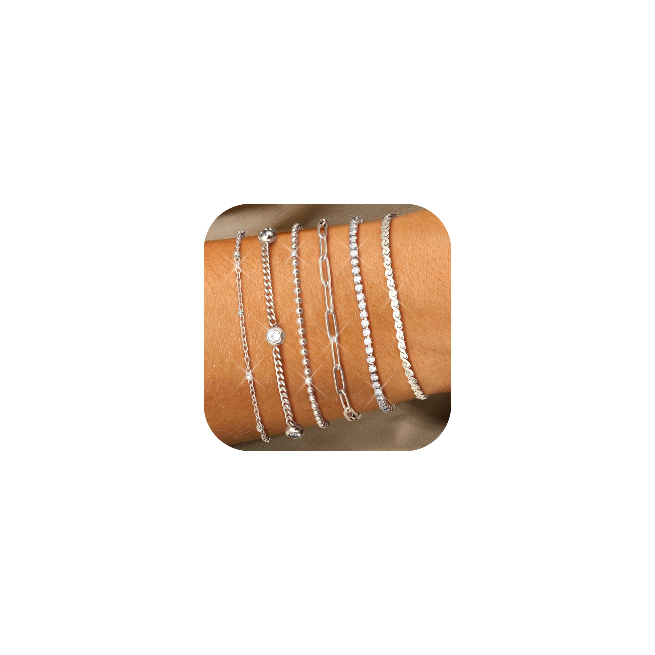 Diamday Set Di 6 Bracciali In Acciaio Inossidabile Placcato Oro 14K – Con Perline CZ E Catena Tennis – Regolabili E Impermeabili - 3