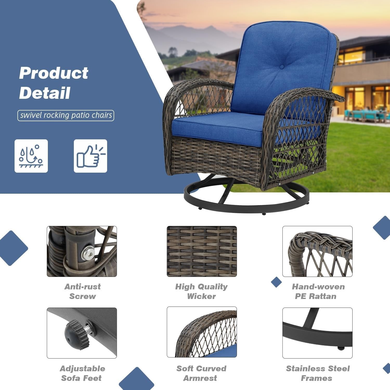 5 Pieces Patio Furniture Set Outdoor Swivel Rocker Patio Chairs with Ottomans Wicker Conversation Sets with Rocking Chair Thickened Cushions for Backyard Porch Balcony(Blue)