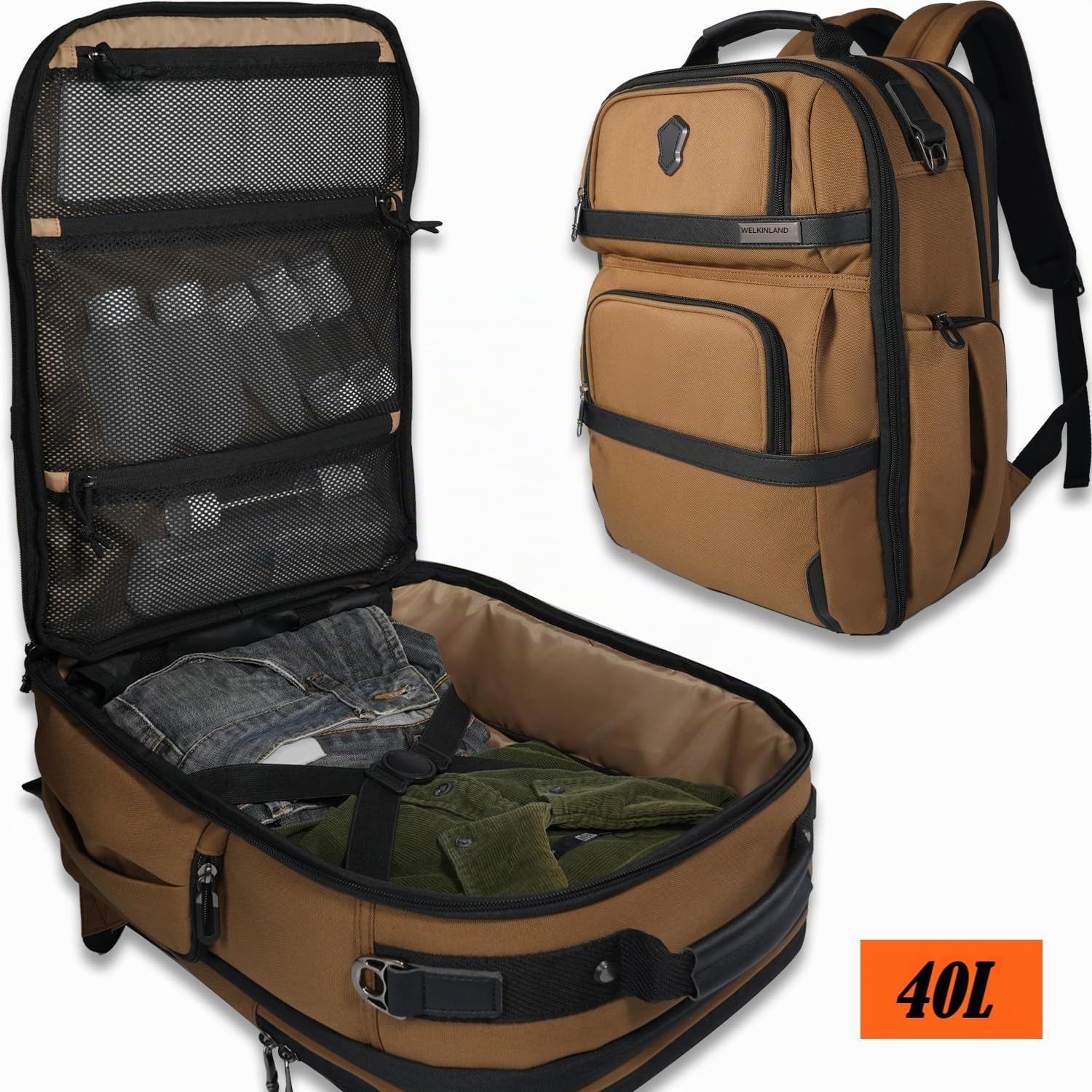 WELKINLAND Mochila de viaje de 20 bolsillos, mochila de equipaje de mano, mochila para laptop de 16 pulgadas para hombre, mochila expandible con funda para carrito, mochila de viaje con compartimento