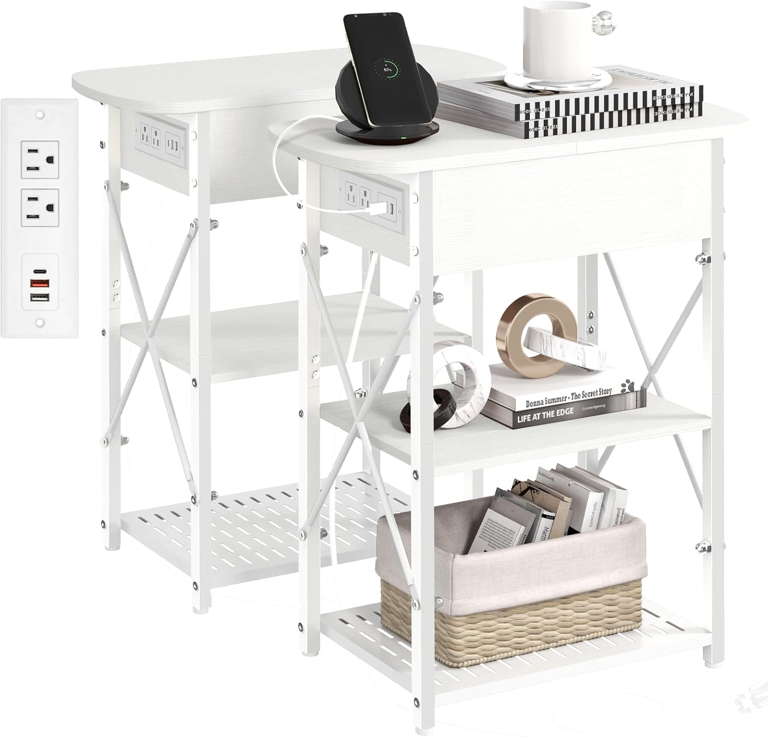 Livofloral Narrow End Table with Charging Station, Side Tables Set of 2 for Small Spaces, Flip Top End Table with Storage, End Tables Living Room, Nightstand Set 2 with Drawer for Bedroom, White White 2 Pack