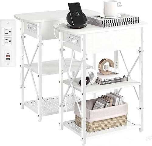 Miniatura 13 de Livofloral Mesa auxiliar estrecha con estación de carga, juego de 2 mesas auxiliares para espacios pequeños, mesa auxiliar abatible con Negro
