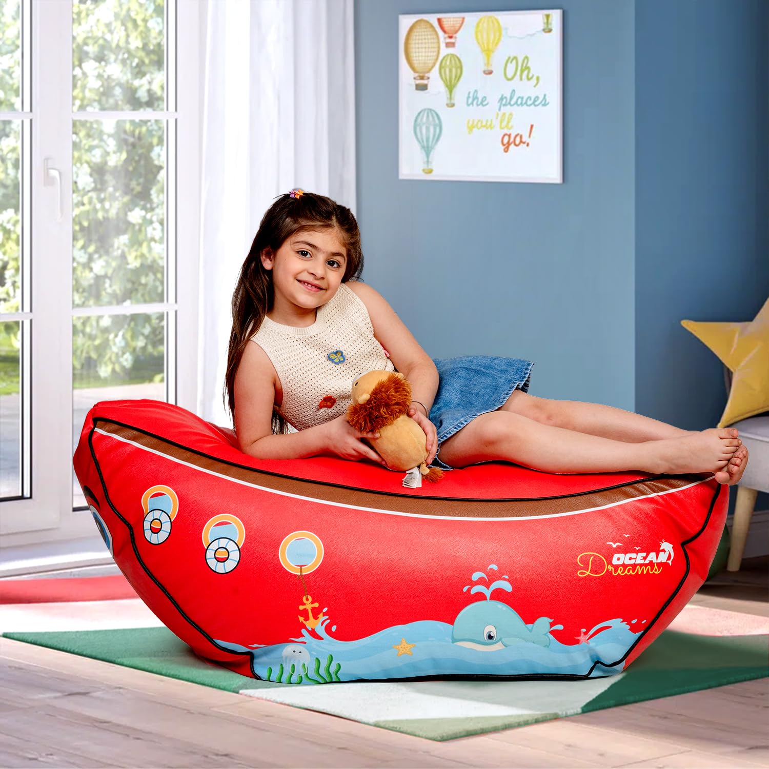 Amazon Brand - Solimo Bean Bag Chair for Kids | Filled with Beans | Capacity: Upto 5 Ft Height, 60 Kg Weight | Red_Boat