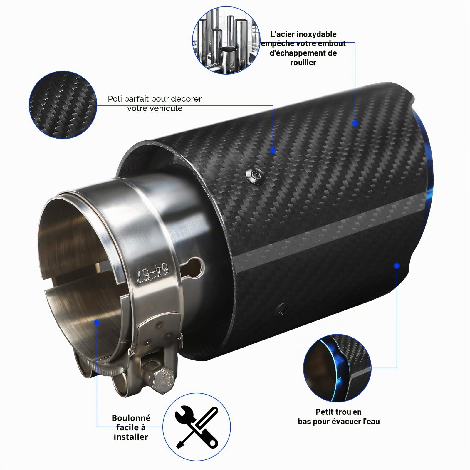 63MM Entrée Embouts D'éChappement 3,5" Sortie Embout D'éChappement De Voiture En Acier Inoxydable Et Fibre De Carbone Brillant (Bleu Brillant Grillé)