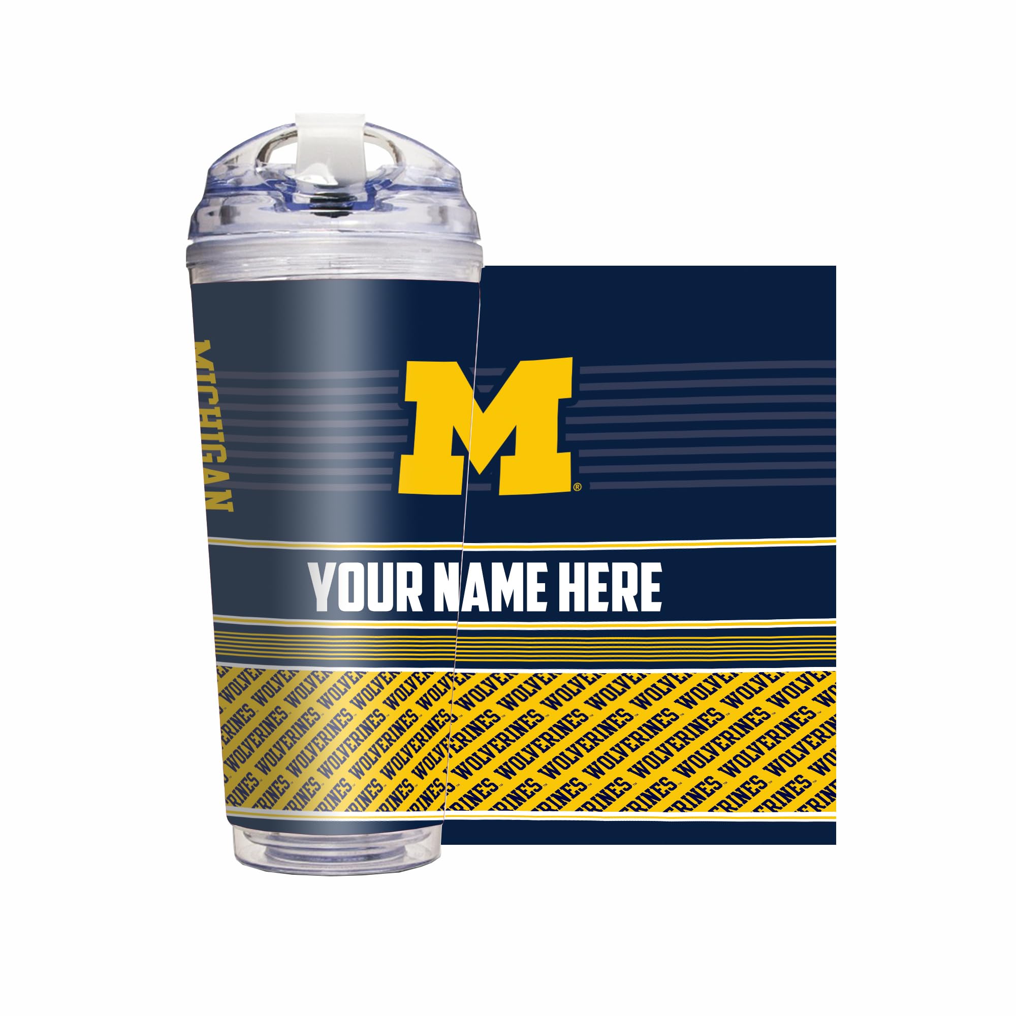 Rico Industries NCAA Michigan Wolverines Primary 24oz Personalized Tumbler W/Hinged Lid - Team Colored Travel Tumbler - Keeps Drinks Cold or Hot