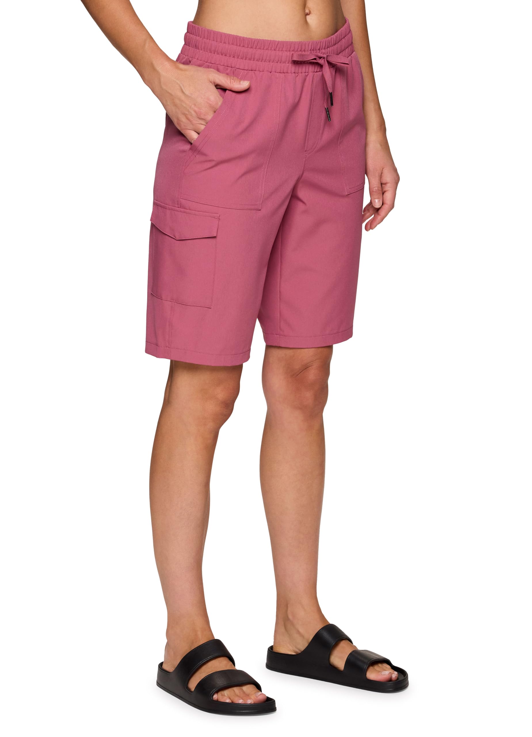 RBXWomen's Bermuda Short, Relaxed Fit Quick Drying Long Length Lightweight Woven Cargo Short with Pockets
