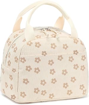 LEDAOU Lunch Box for Women, Insulated Reusable Lunch Bag, Cooler Tote for Work, School, College, Travel, Picnic, Everyday Use Khaki white flowers
