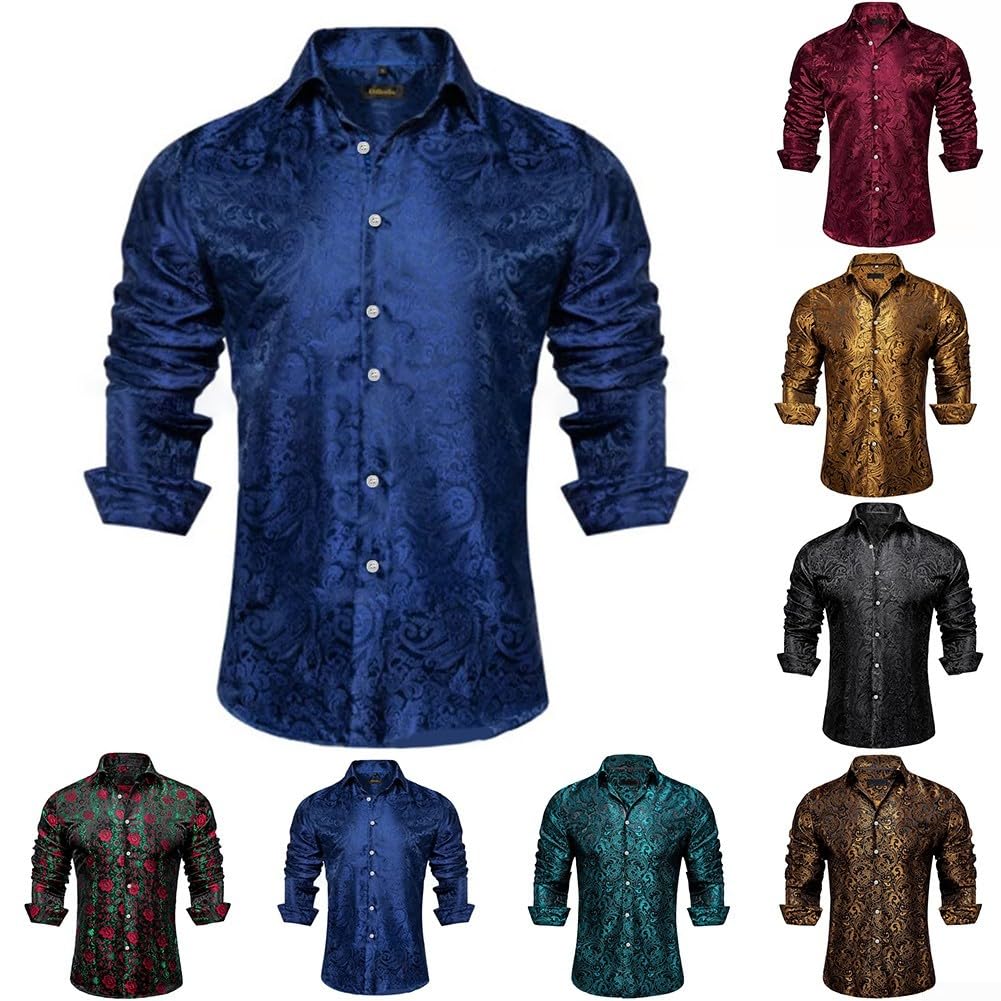 Camicia da uomo in seta a maniche lunghe stile smoking con motivo cachemire per eventi